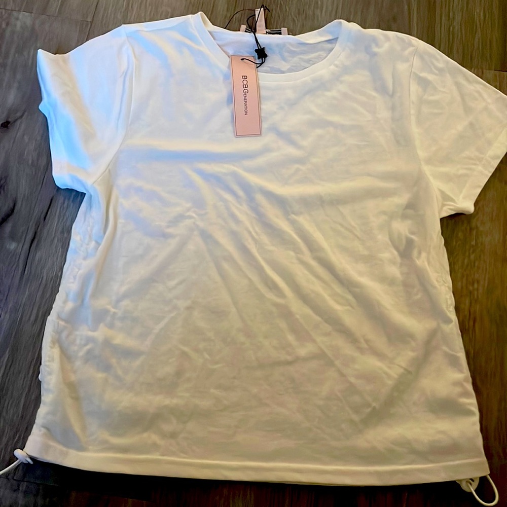 BCBG white scrunch tshirt.